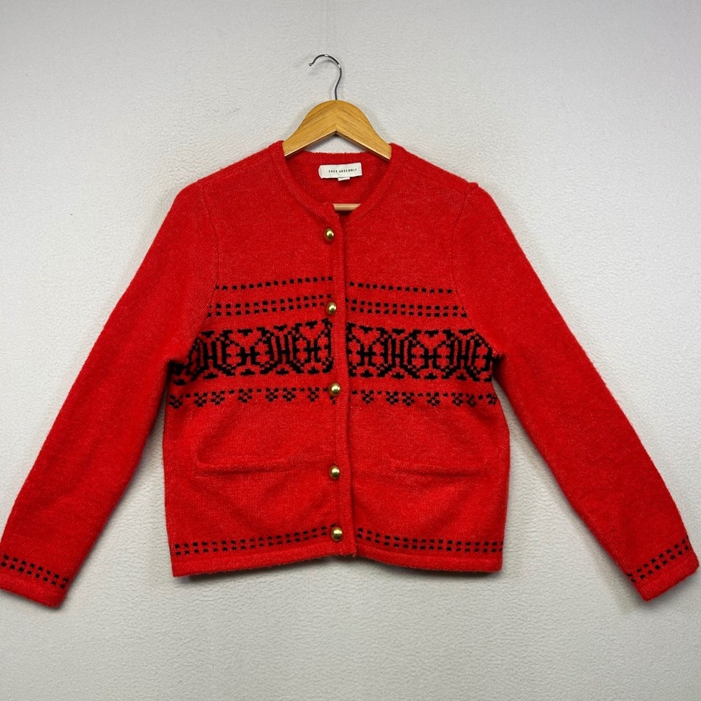 Holiday Nordic Free Assembly Womens Medium Red Fair Isle Gold Button Cardigan